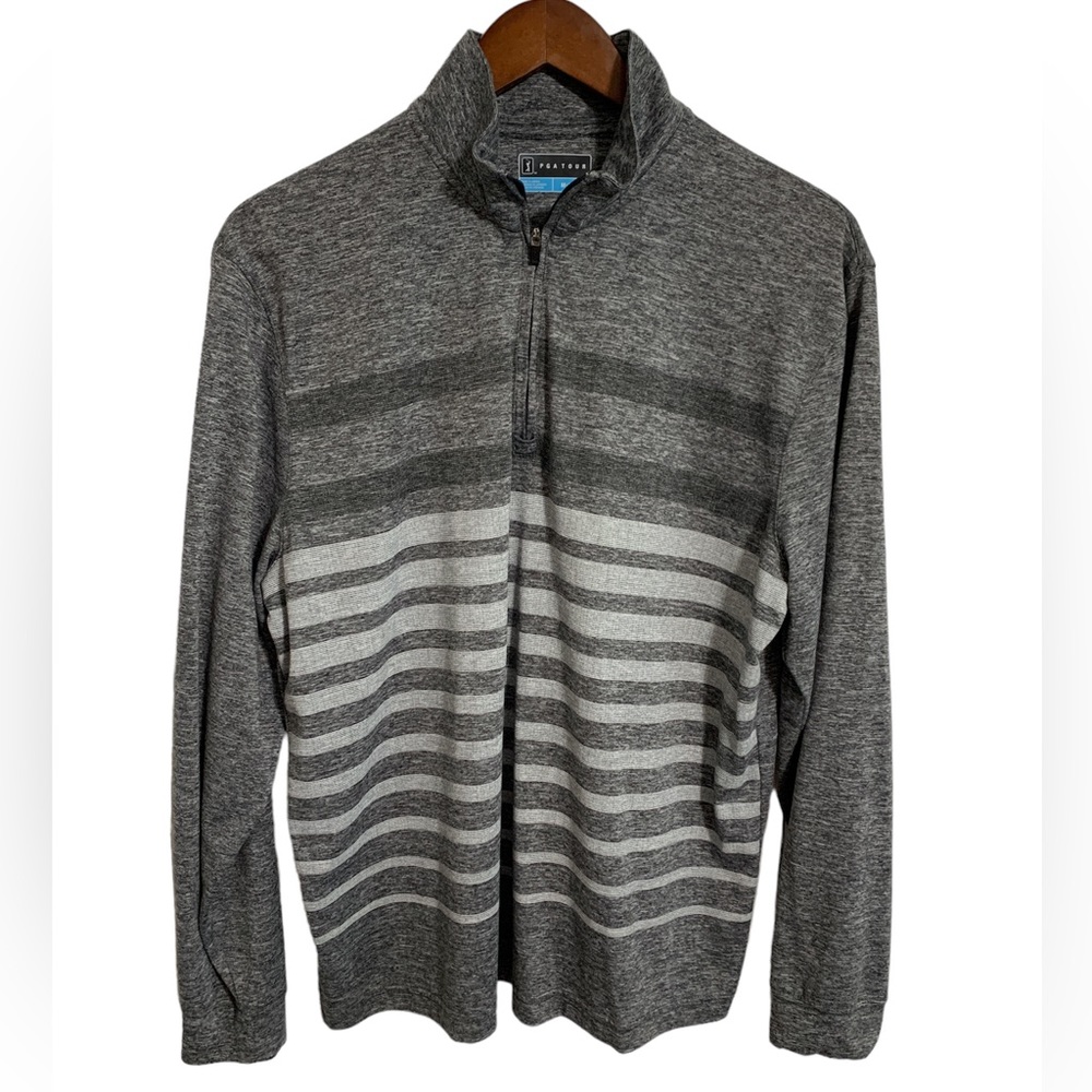 Men’s PGA Tour golf pullover sweater 1/4 zip up long sleeve gray stripe medium